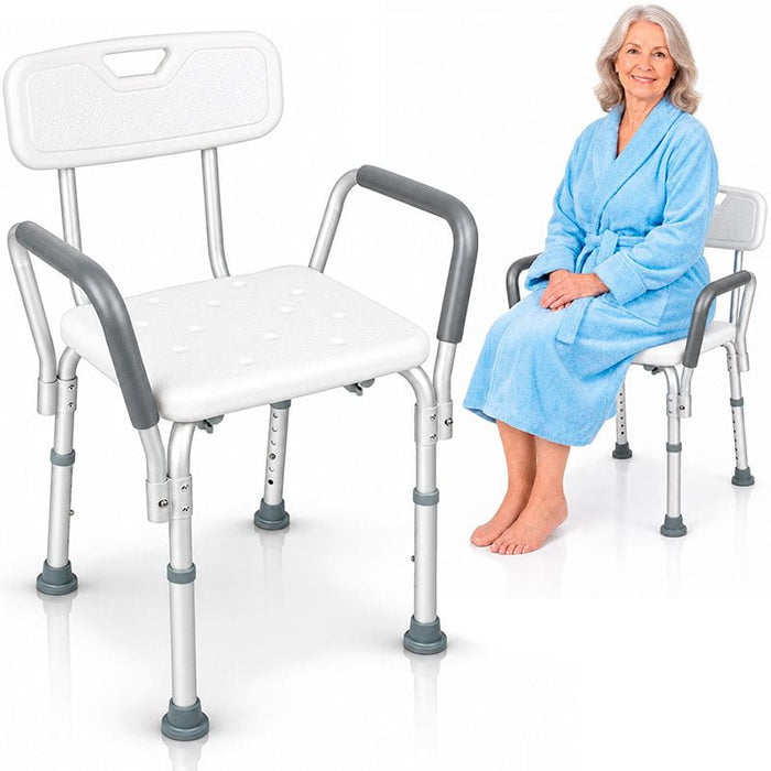 Vive shower chair with a backrest, armrests, and drainage holes in the seat